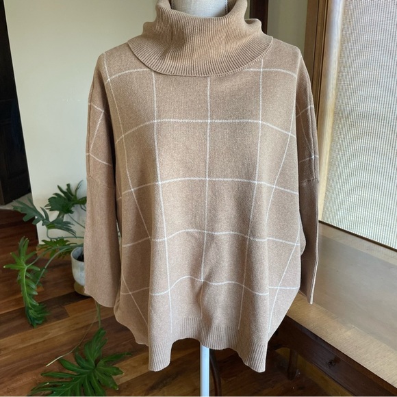 Loft Camel Tan Windowpane Cotton Boxy Cowl Turtleneck Sweater size L - Picture 3 of 13